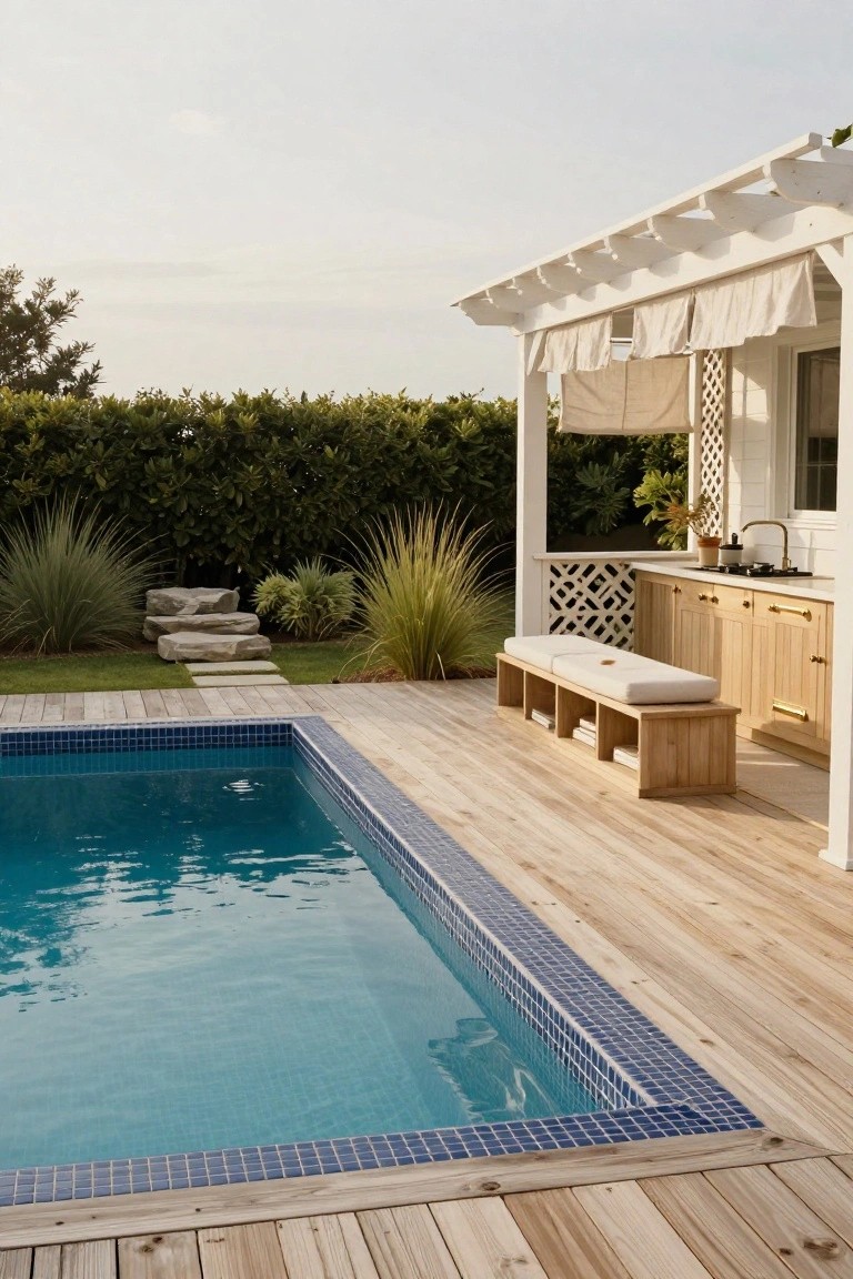 Rectangular in-ground pool with blue mosaic tile edges on a light wooden deck, next to an outdoor kitchen under a white pergola with beige curtains, wooden bench with white cushions, and plants along the hedge backdrop.