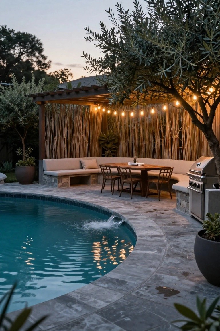 Curved backyard pool edged by gray tile patio with built-in beige bench seating around a wooden dining table and chairs, wooden pergola with string lights and bamboo screens, stainless steel barbecue grill, olive trees, and potted plants.