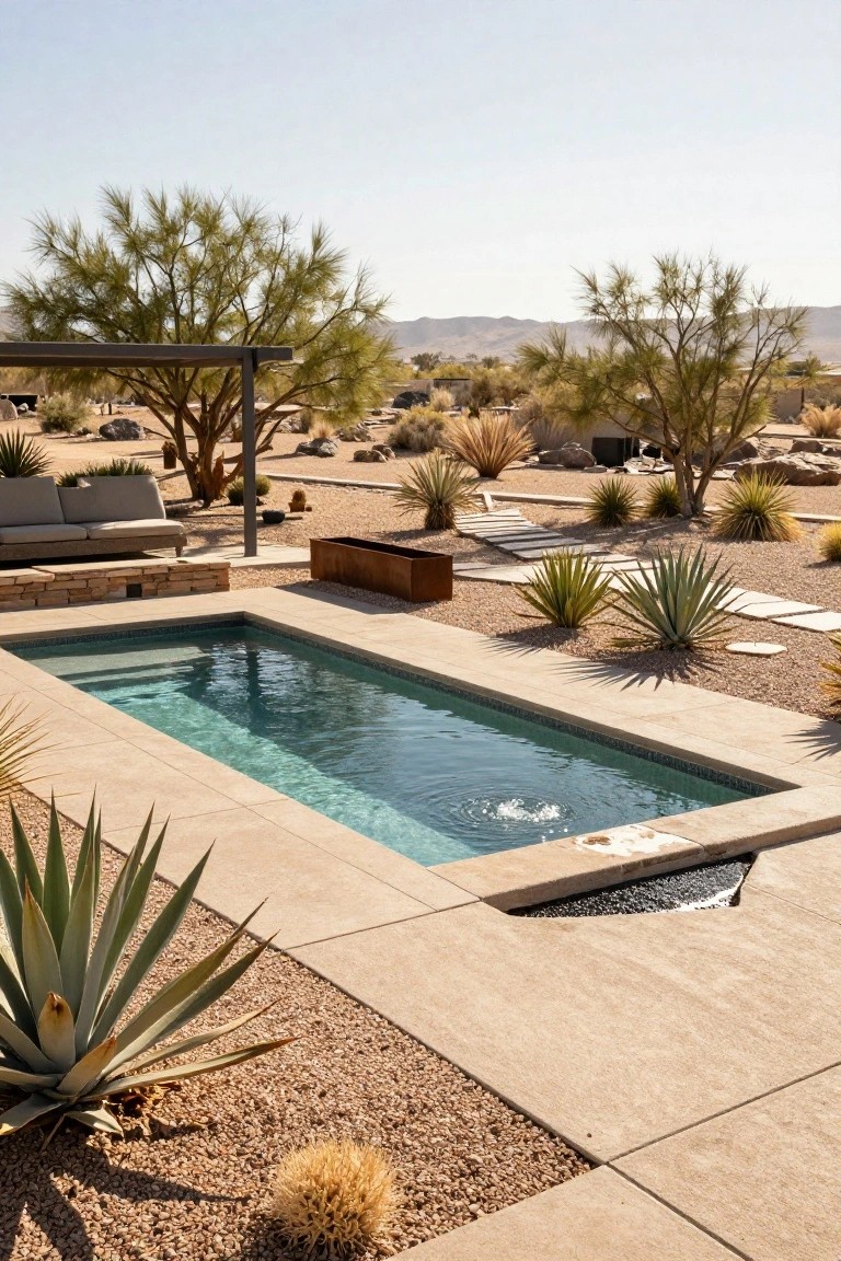 A rectangular turquoise pool integrated flush into a beige stone patio, with nearby gray sofa, metal planter box, agave plants, desert shrubs, and distant mountains under a clear sky.