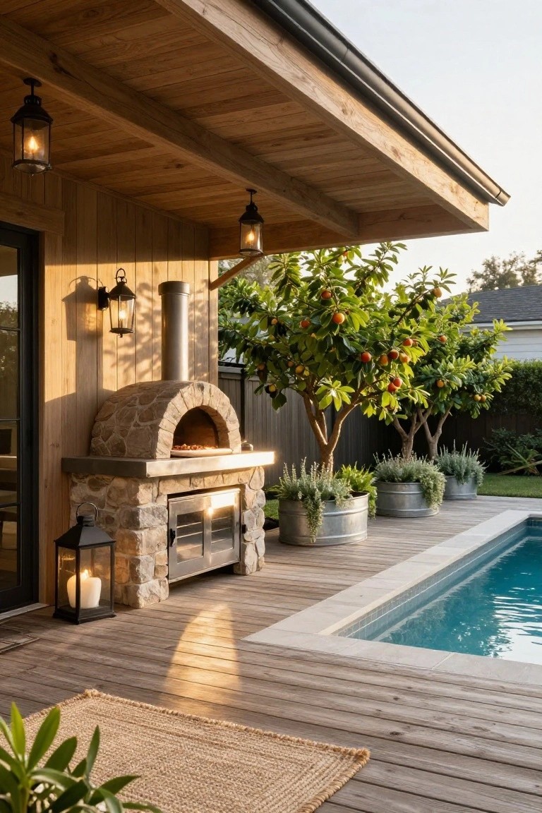 Wooden deck patio with a built-in arched stone pizza oven on a base with storage doors, metal bucket planters with greenery, hanging and freestanding lanterns, and an adjacent rectangular swimming pool edged in white tile, citrus trees in background.