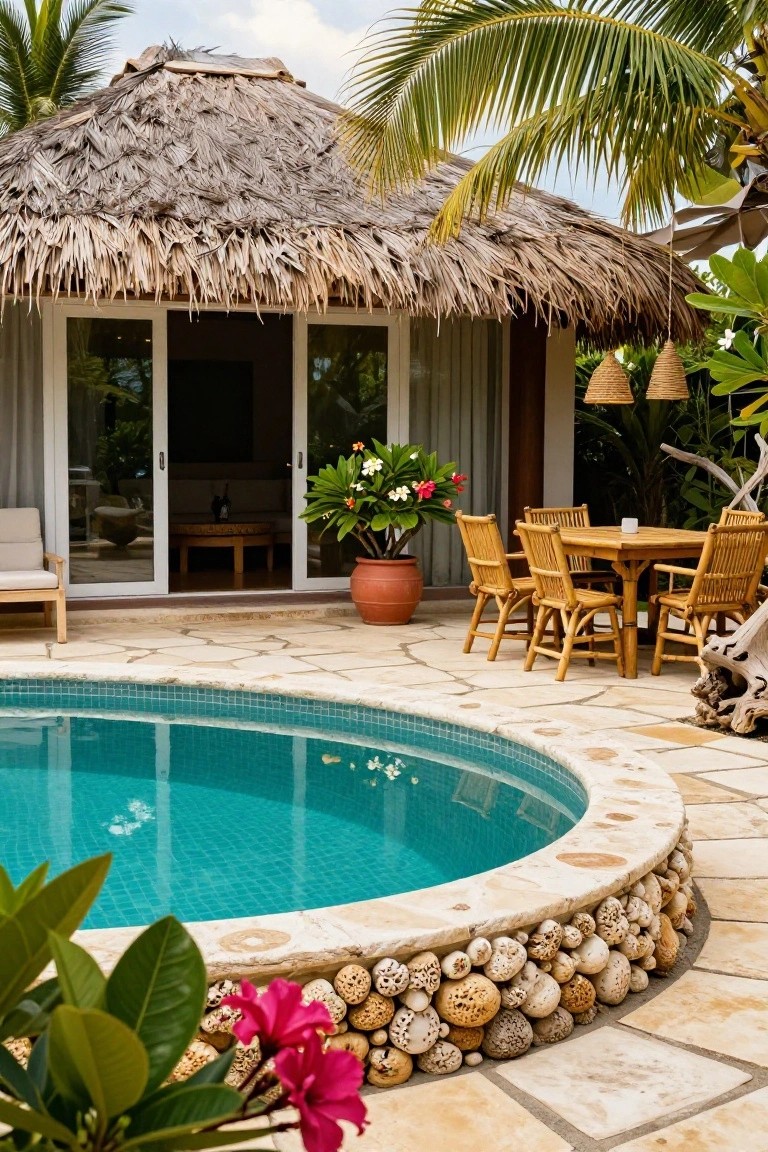 Tropical thatched-roof bungalow with sliding glass doors opening to a stone patio featuring a wooden dining table with chairs beside a curved turquoise-tiled pool edged in shells and rocks, surrounded by palms and potted plants.
