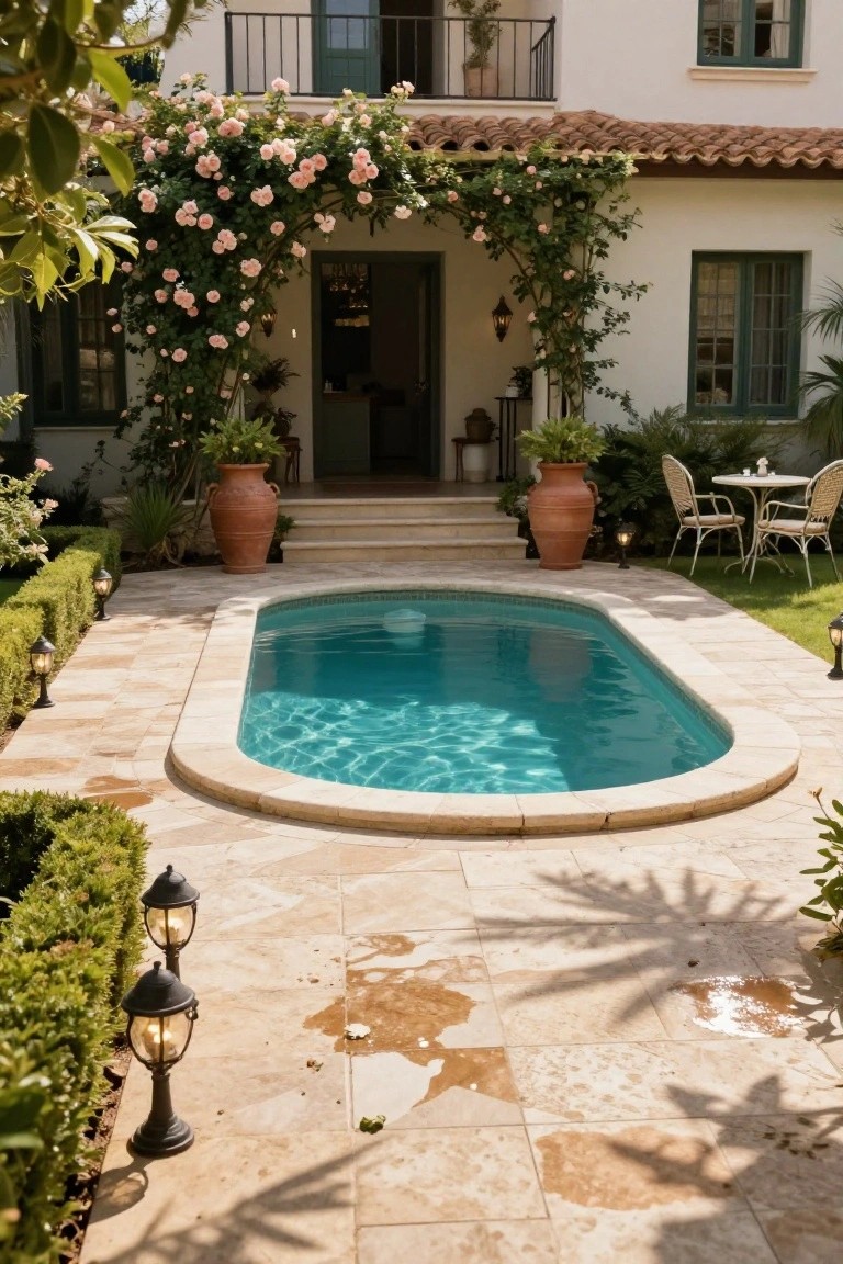 Oval turquoise semi-inground pool centered in a stone-tiled backyard patio, edged by low boxwood hedges and lanterns, with terracotta pots, a small bistro table and chairs, and a white stucco house featuring a rose-covered entry arch in the background.