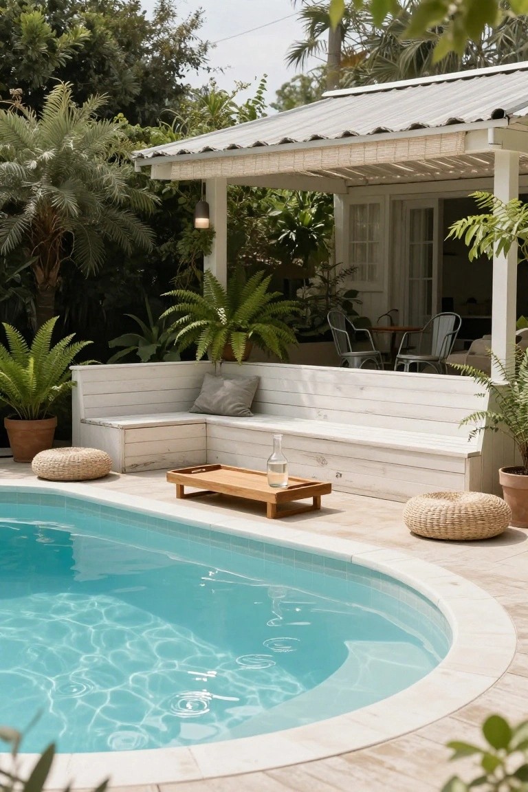 Oval turquoise pool with white edging and tile surround, white built-in L-shaped bench with gray cushion and low wooden tray table, woven poufs, potted plants, and covered porch with seating in lush green garden.