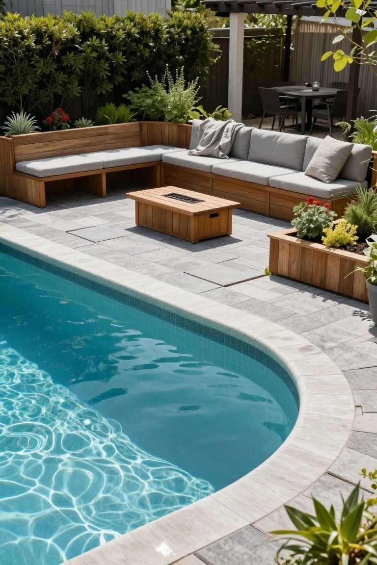 Oval semi-inground pool edged in white tile and gray pavers, with wooden built-in L-shaped bench seating featuring gray cushions and integrated planters, a central wooden fire table, potted plants, and an outdoor dining set in the background.