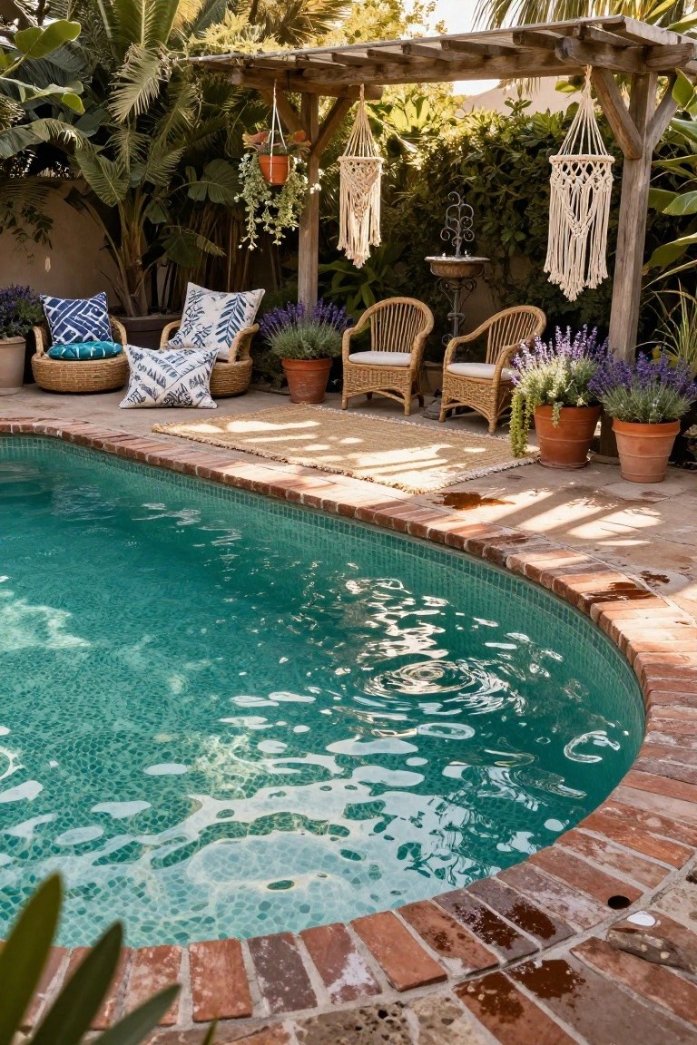 Oval semi-inground pool with turquoise mosaic tiles and curved brick border, next to a wooden pergola strung with macrame hanging planters, rattan chairs with patterned cushions on a rug, surrounded by potted plants and lavender.