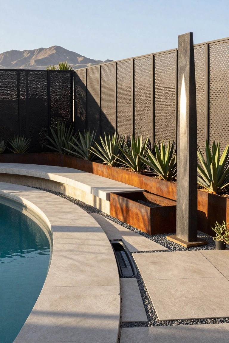 Oval semi-inground pool edged by a curved light stone bench, corten steel planters filled with agave plants, tall dark metal sculpture, black perforated metal fence, and distant mountains.