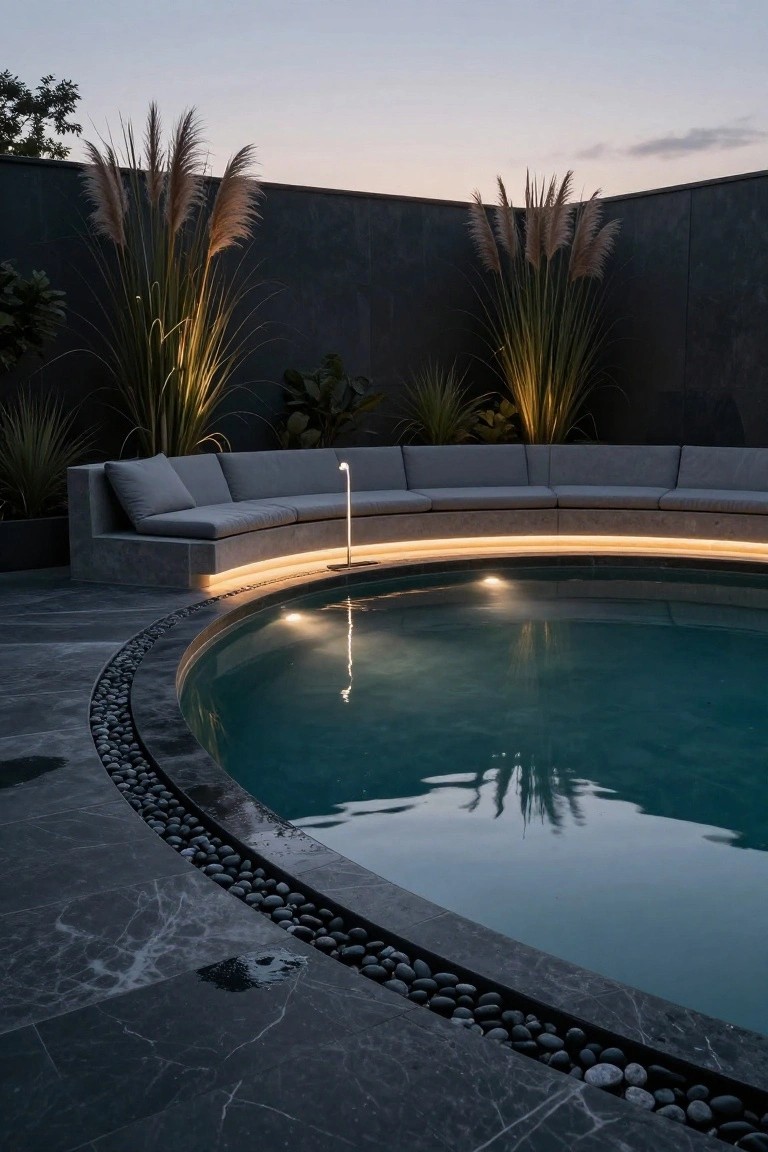 Curved gray concrete sofa with cushions wraps halfway around an oval turquoise pool edged in black pebbles and dark marble tiles, lit by an LED strip and a floor lamp, with tall pampas grass and plants against a dark wall at dusk.