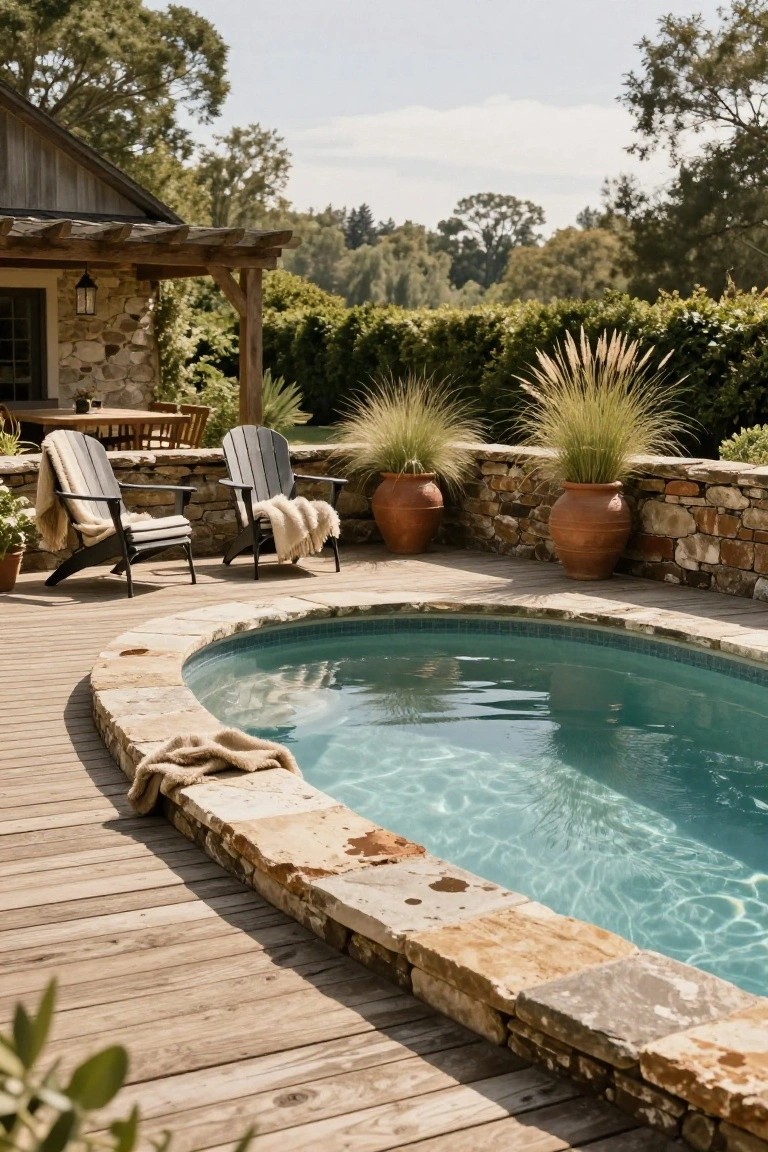 Oval turquoise pool with stone edging integrated into a wooden deck, flanked by two Adirondack chairs with blankets, potted plants on a stone wall, and a rustic house with pergola in the background amid greenery.