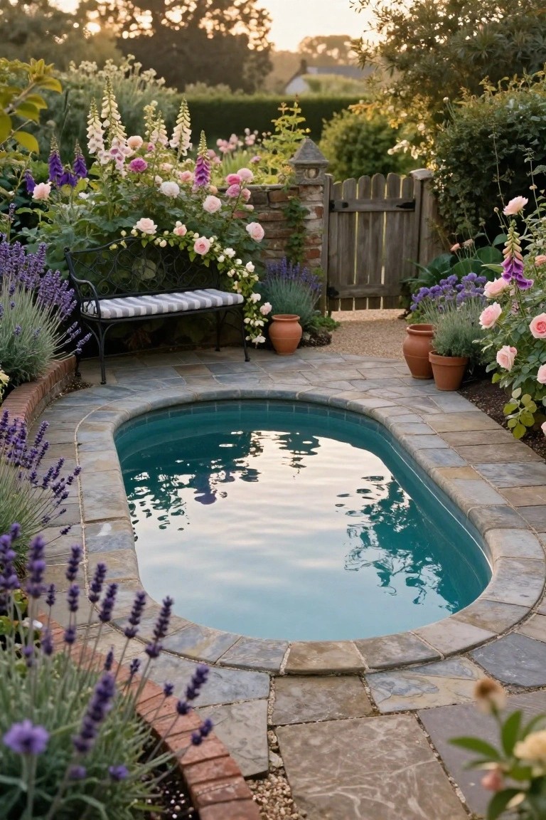 Small turquoise oval semi-inground pool with stone paving edge, surrounded by lavender, pink roses, foxgloves, and other flowers in a garden with a black metal bench, wooden gate, brick wall, and terracotta pots.
