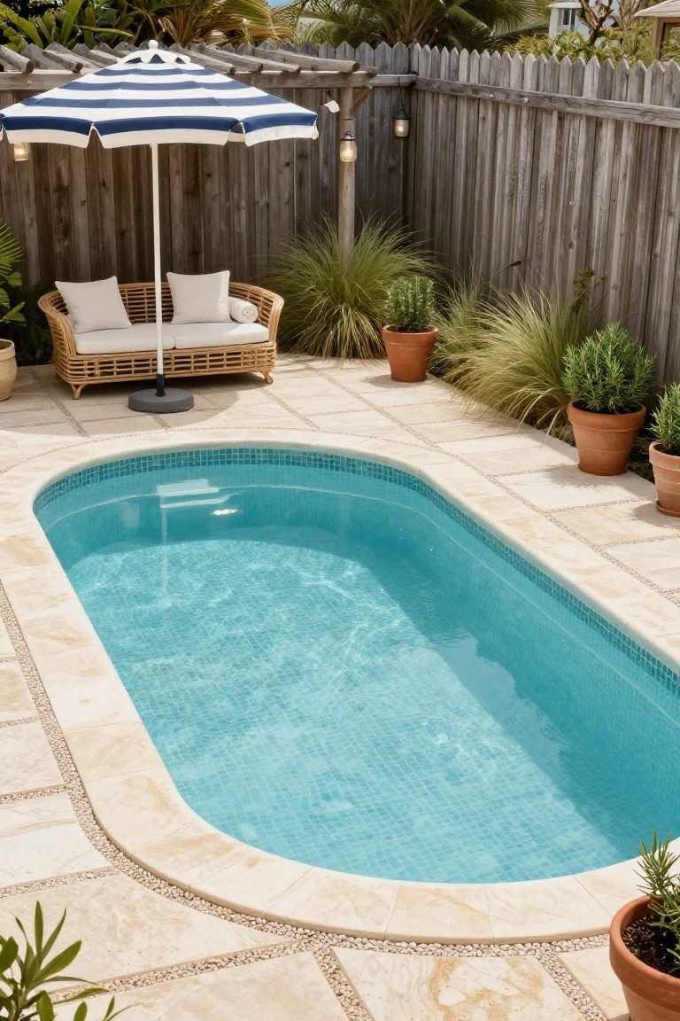 Oval turquoise-tiled inground pool surrounded by beige travertine decking, with potted plants, wooden privacy fence, hanging lanterns, striped umbrella over rattan loveseat, and tropical foliage in a backyard setting.