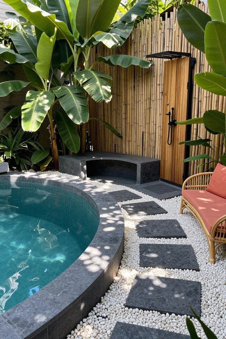 Oval semi-inground pool with dark gray edging and tiled interior, surrounded by white pebbles and dark stepping stones, a built-in stone bench, outdoor shower with bamboo screen, rattan chair, and lush tropical plants.
