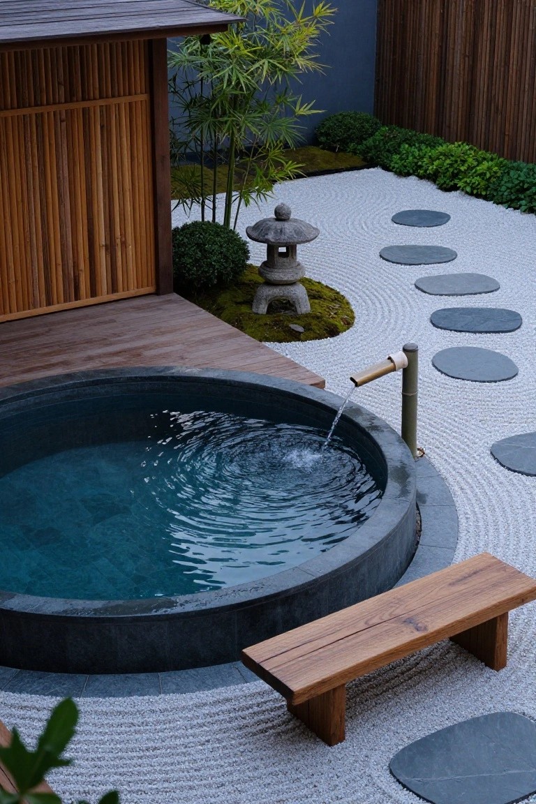 Overhead view of a round dark-rimmed pool with blue water centered in a zen garden of raked white gravel, gray stepping stones, stone lantern, bamboo fountain, wooden bench, bamboo plants, and wooden structures.