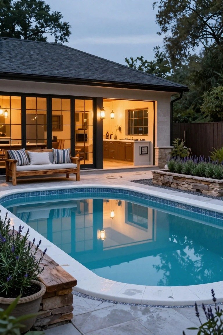 Oval semi-inground pool with blue tiles and white coping, wooden bench with striped pillows nearby, stone retaining walls with lavender plants, and an adjacent outdoor kitchen behind glass doors on a paved patio at dusk.