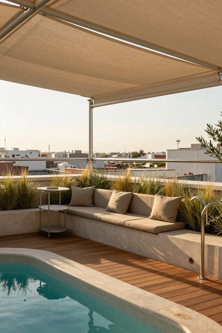 Rooftop terrace with oval semi-inground pool edged in wood decking, adjacent built-in concrete bench with beige cushions and round metal table, surrounded by tall pampas grasses, under beige fabric shade canopy, overlooking white buildings at sunset.