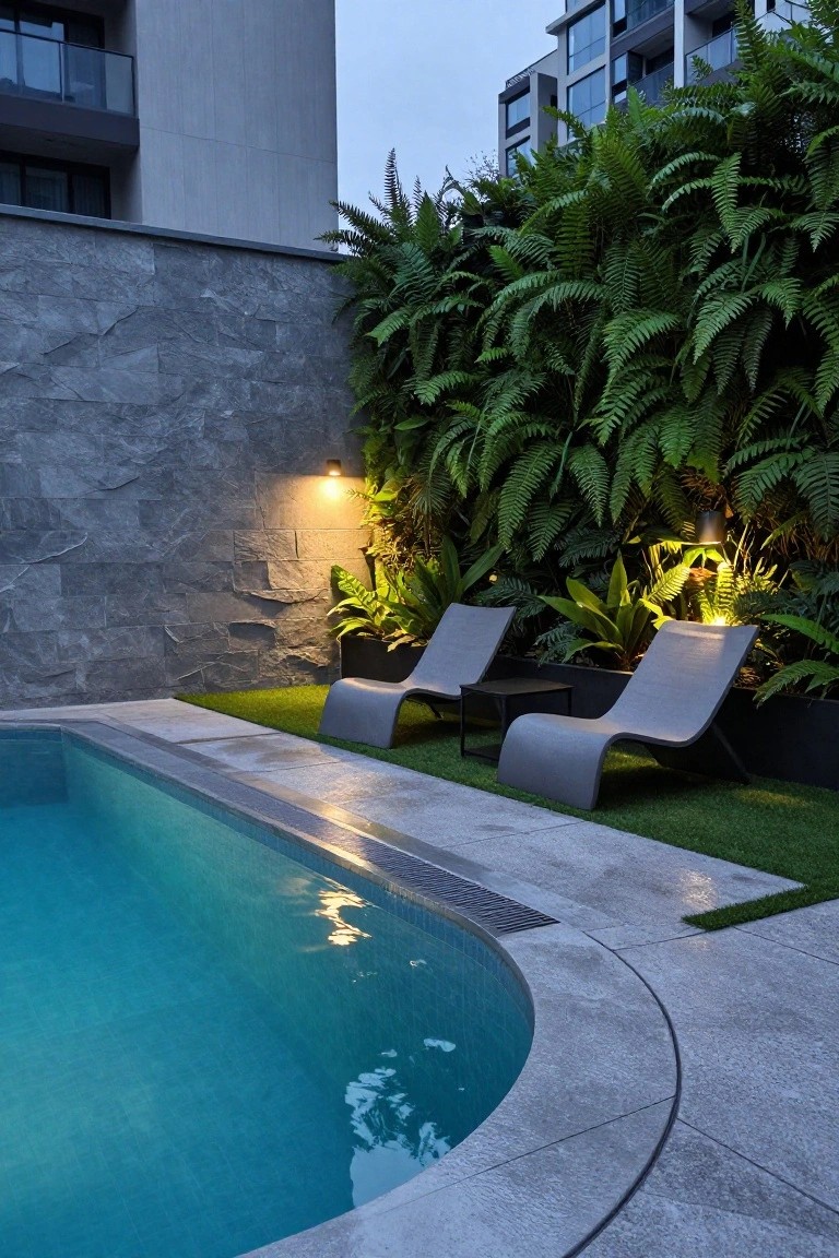 Oval turquoise semi-inground pool with curved edge, adjacent artificial grass strip holding two grey curved loungers and black side table, tall ferns in black pots against textured stone wall with uplights, modern buildings and balcony above.