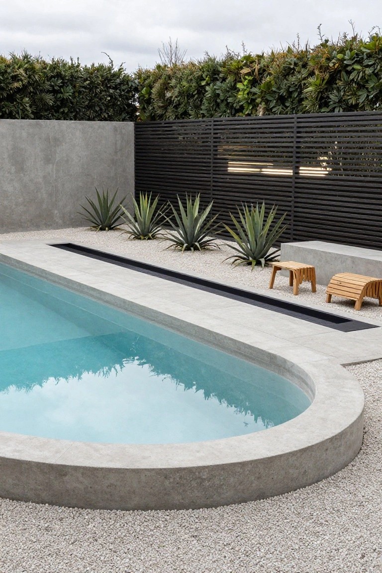Oval turquoise semi-inground pool with curved concrete edges, adjacent narrow black linear planter trough containing white pebbles and several agave plants, two wooden stools nearby on gravel ground, dark slatted fence, and concrete walls in the background.
