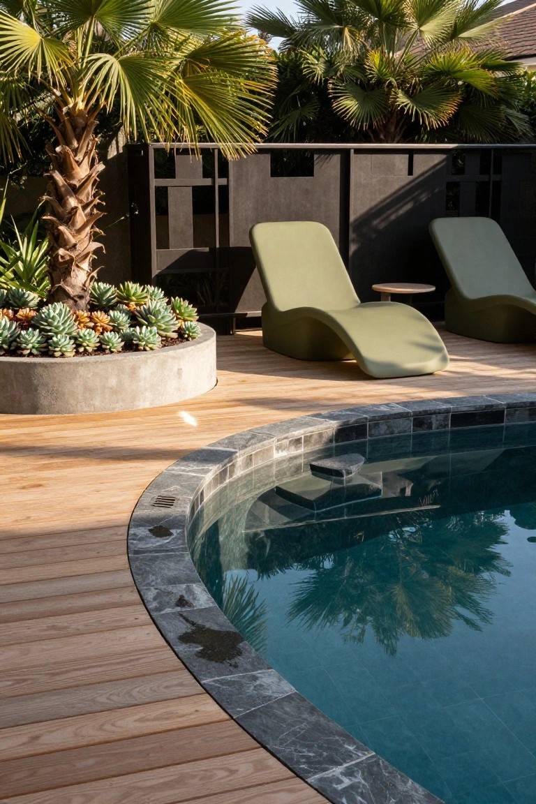Oval semi-inground pool edged in dark stone and surrounded by light wood decking, with two green lounge chairs, a concrete planter of succulents, palm trees, and a black fence in the background.