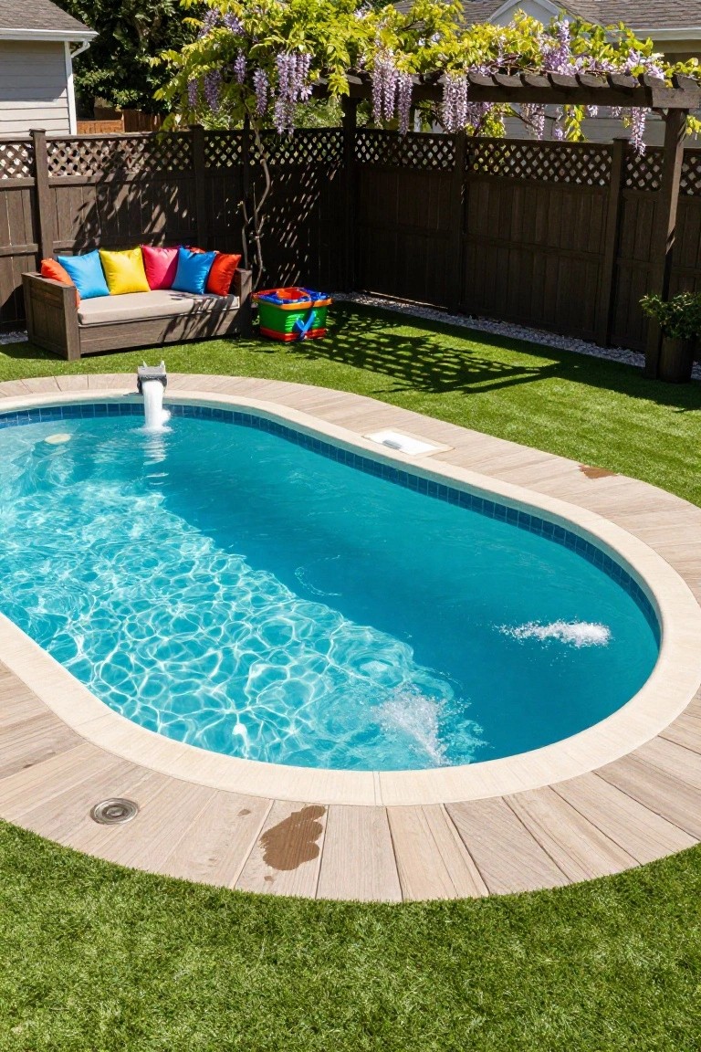 Oval semi-inground pool with blue water and fountain, surrounded by light wooden decking and artificial grass, wooden bench with colorful cushions, toy bucket, gravel area, and dark wooden fence with wisteria arbor.