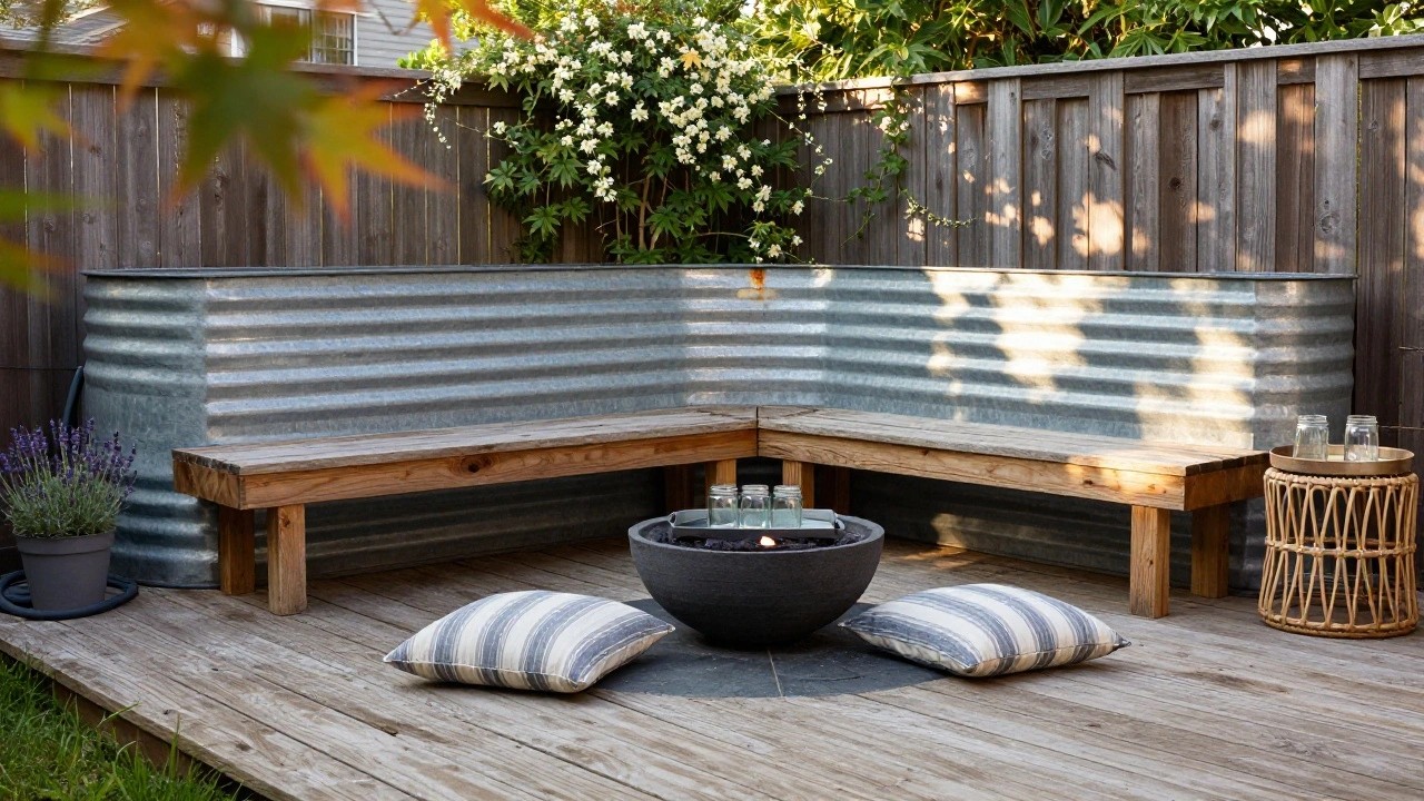 Corrugated metal stock tank benches with wooden seats arranged in an L-shape around a central metal table holding glass jars on a wooden deck, surrounded by plants, pillows, a hose, and a wooden fence with vines.
