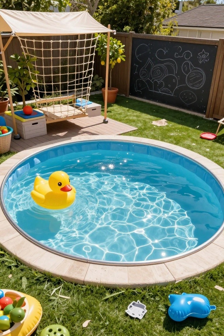 A small round blue stock tank pool in a grassy backyard with a yellow rubber duck float, surrounded by children's toys including balls and floats, a climbing net, hammock swing, potted plants, and a chalkboard fence.