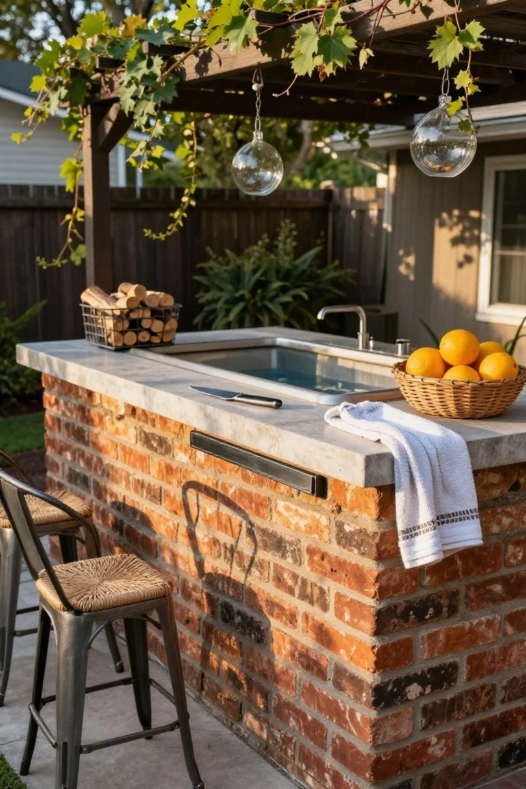 Brick outdoor bar counter with embedded blue sink basin and faucet, metal stools with woven seats, basket of oranges, wood pile in wire basket, under vine-covered wooden pergola beside fence and plants