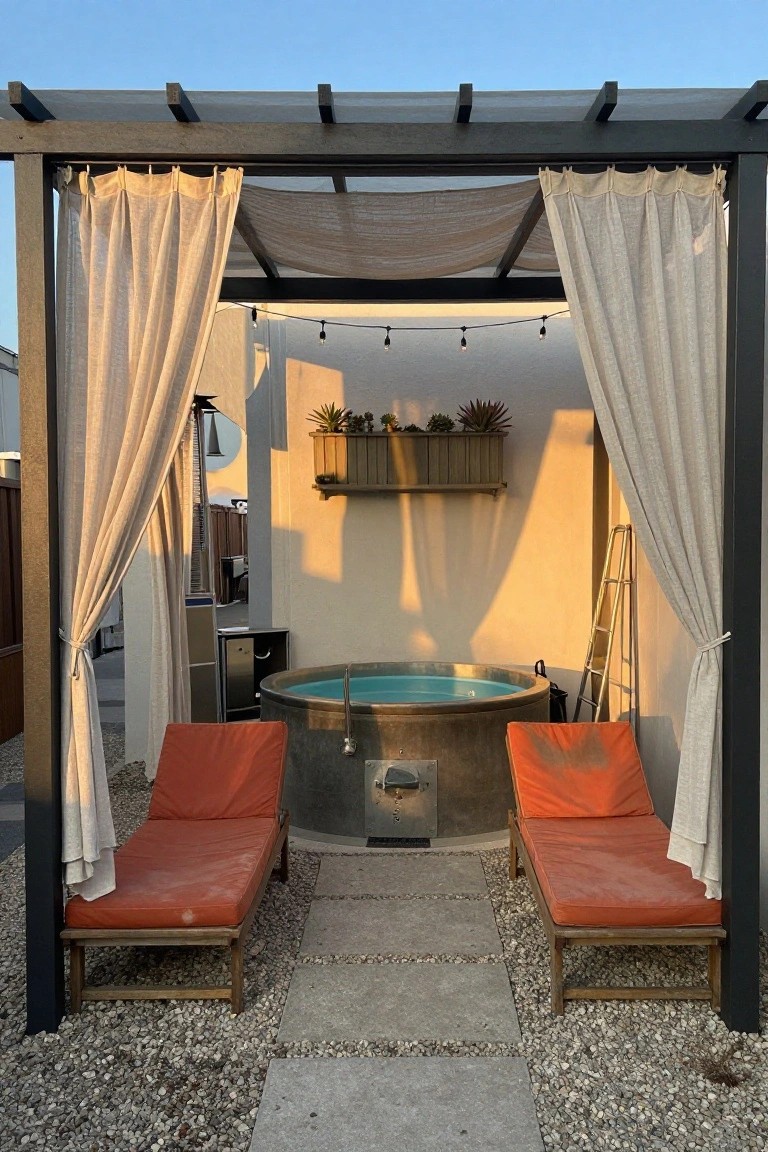 Rooftop terrace with a turquoise stock tank hot tub centered under a black wooden pergola draped in beige curtains, flanked by two orange loungers on a gravel path, potted succulents on a wall shelf, and string lights overhead.