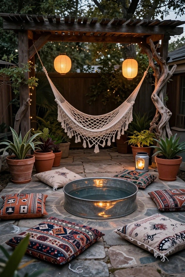 Galvanized stock tank filled with water and a floating light on a stone paver patio, surrounded by patterned floor pillows, potted plants, a hammock under a wooden pergola with string lights and paper lanterns in a backyard setting.