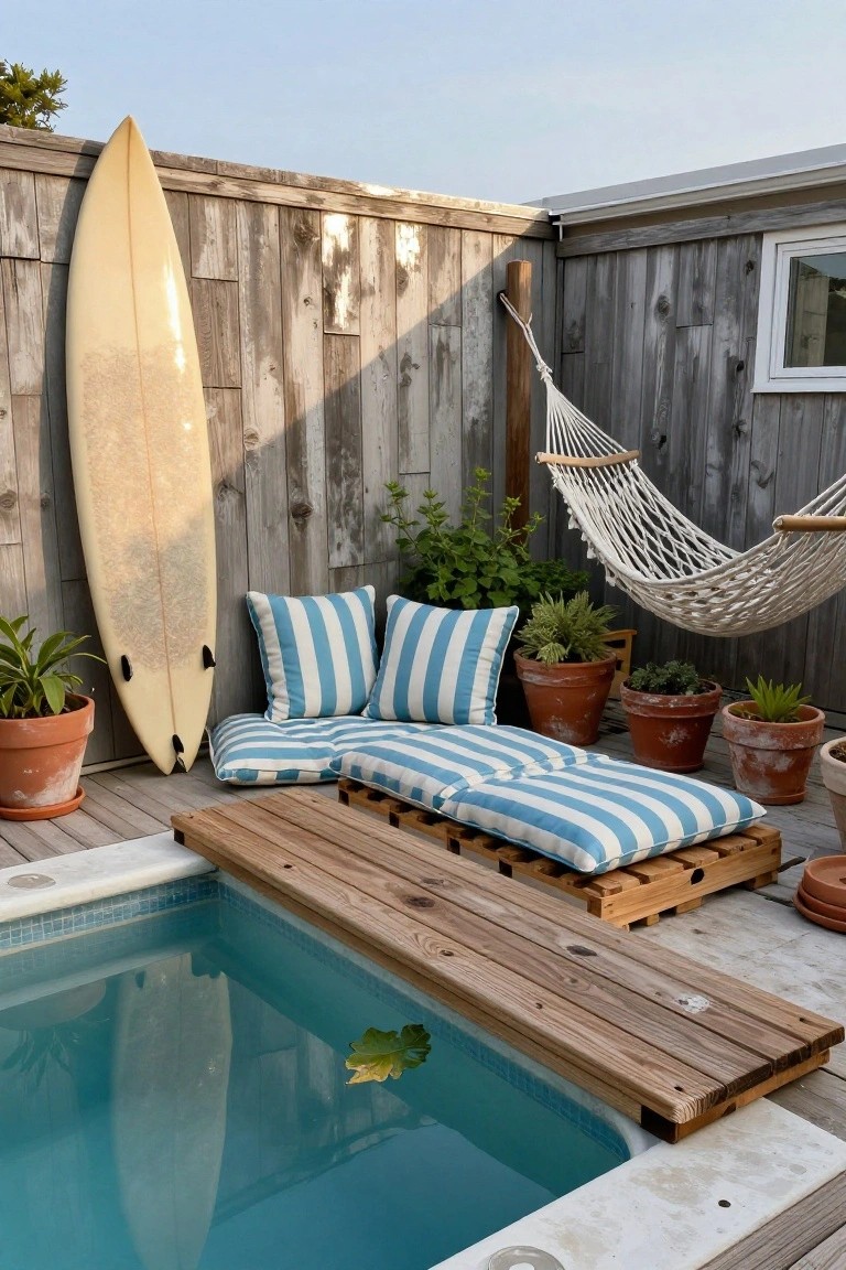 Small blue stock tank pool next to a wooden pallet platform with blue and white striped cushions, potted plants, hanging hammock, and yellow surfboard leaning against weathered wooden fence.