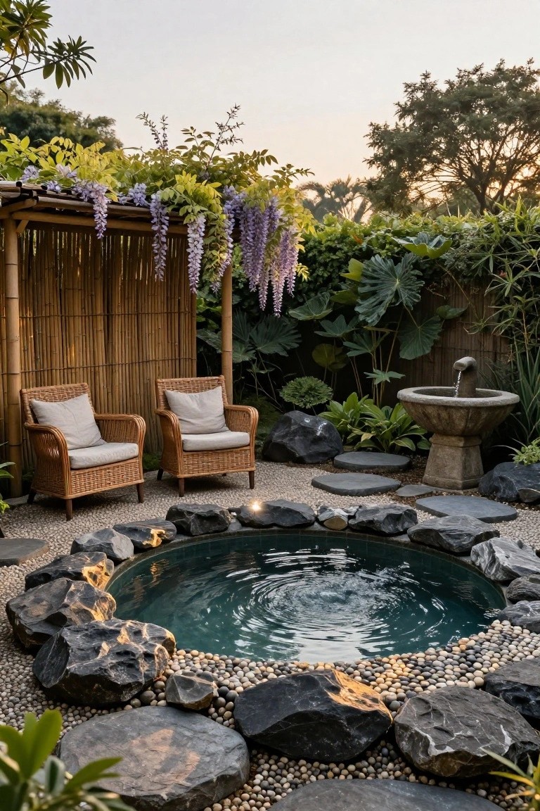 Small round pool edged with black rocks and pebbles in a gravel garden patio with two wicker chairs, bamboo screen, stone fountain, and tropical plants.