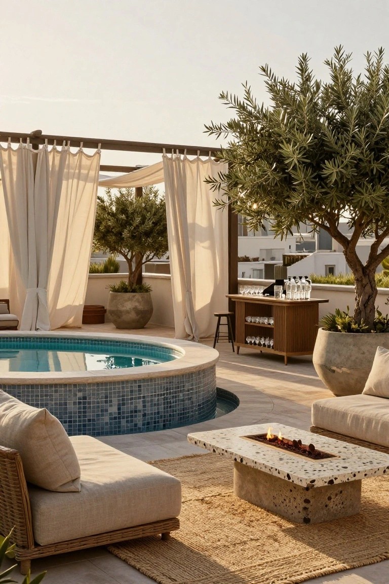 Rooftop terrace with circular blue-tiled hot tub, wooden bar cart stocked with glasses and bottles, beige L-shaped sofa around concrete fire table, large potted olive trees, draped beige pergola, and distant white buildings under sunset sky.