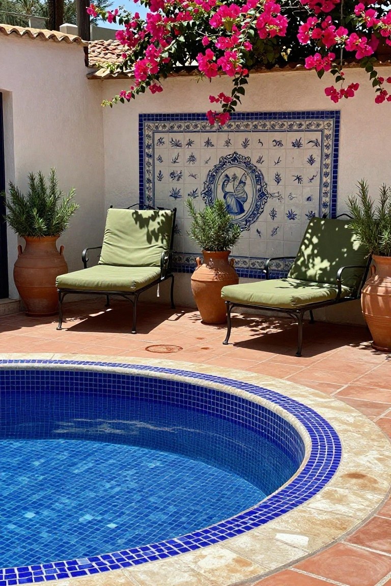 Small round blue-tiled pool on terracotta patio tiles next to two green loungers, with terracotta pots of rosemary plants, a white wall featuring blue ceramic tiles, and pink bougainvillea overhead.