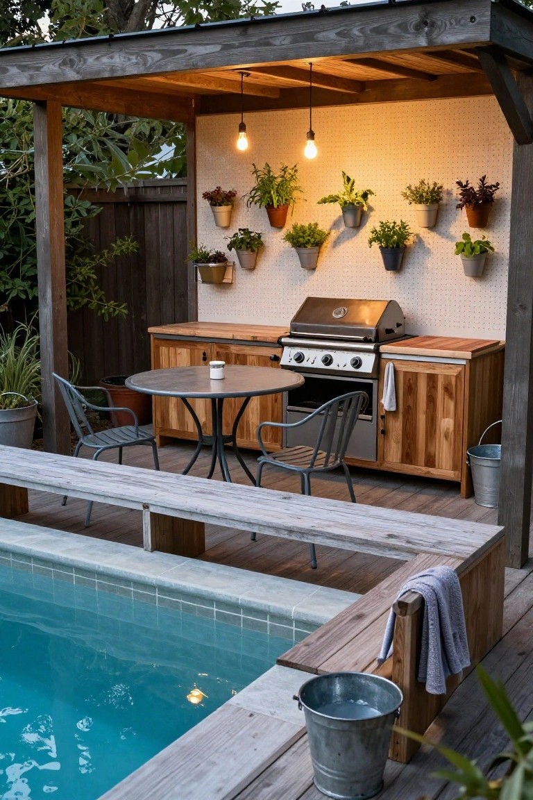 Wooden pergola-covered outdoor kitchen featuring a stainless steel grill on wooden counters and cabinets, wall-mounted plant pots, small metal round table with gray chairs, and a bench overlooking a small rectangular blue-tiled pool on a wooden deck.