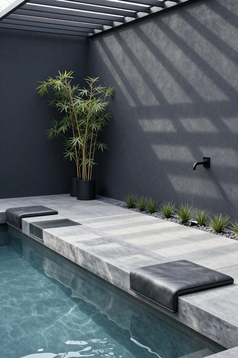 Close-up view of a small turquoise pool with gray concrete ledge seating topped by black cushions, flanked by black pots of bamboo, low grasses in pebble mulch, a wall-mounted black faucet dripping water, dark gray walls, and slatted overhead roof.