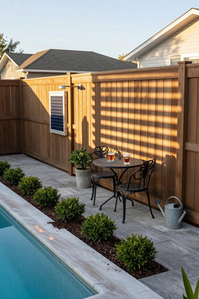 Small round metal bistro table with two matching chairs, two glasses, potted boxwood shrubs, and a watering can next to a narrow turquoise pool edged in stone pavers and bordered by a wooden fence.