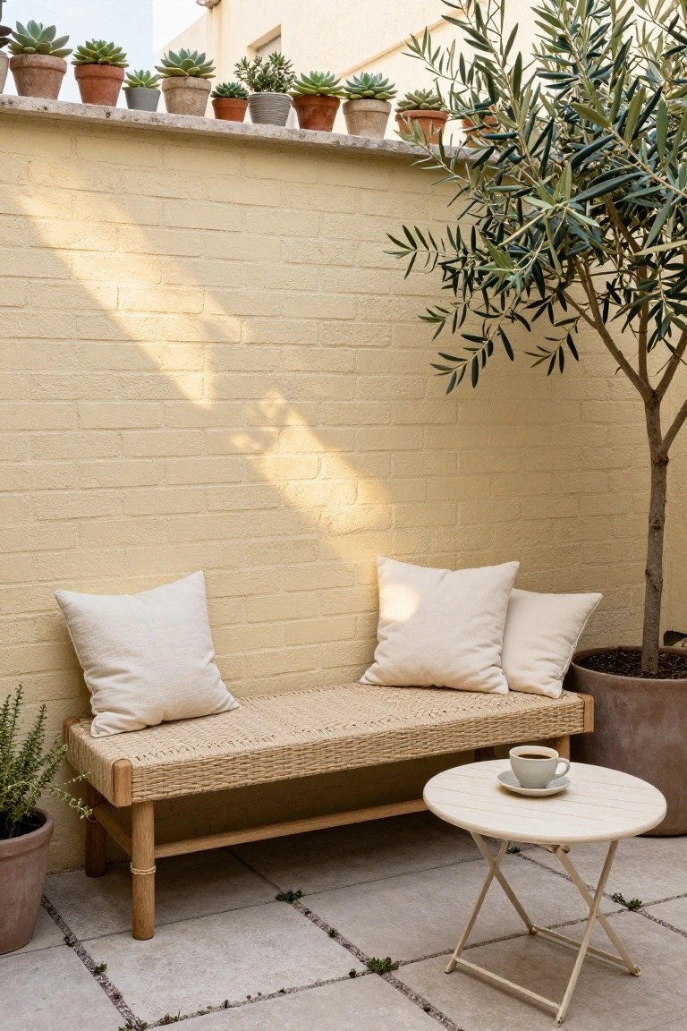 Small outdoor patio with yellow brick wall topped by potted succulents, olive tree in terracotta pot, beige woven bench with white cushions against wall, small white round folding table holding coffee cup and saucer, additional potted plants on tiled floor.