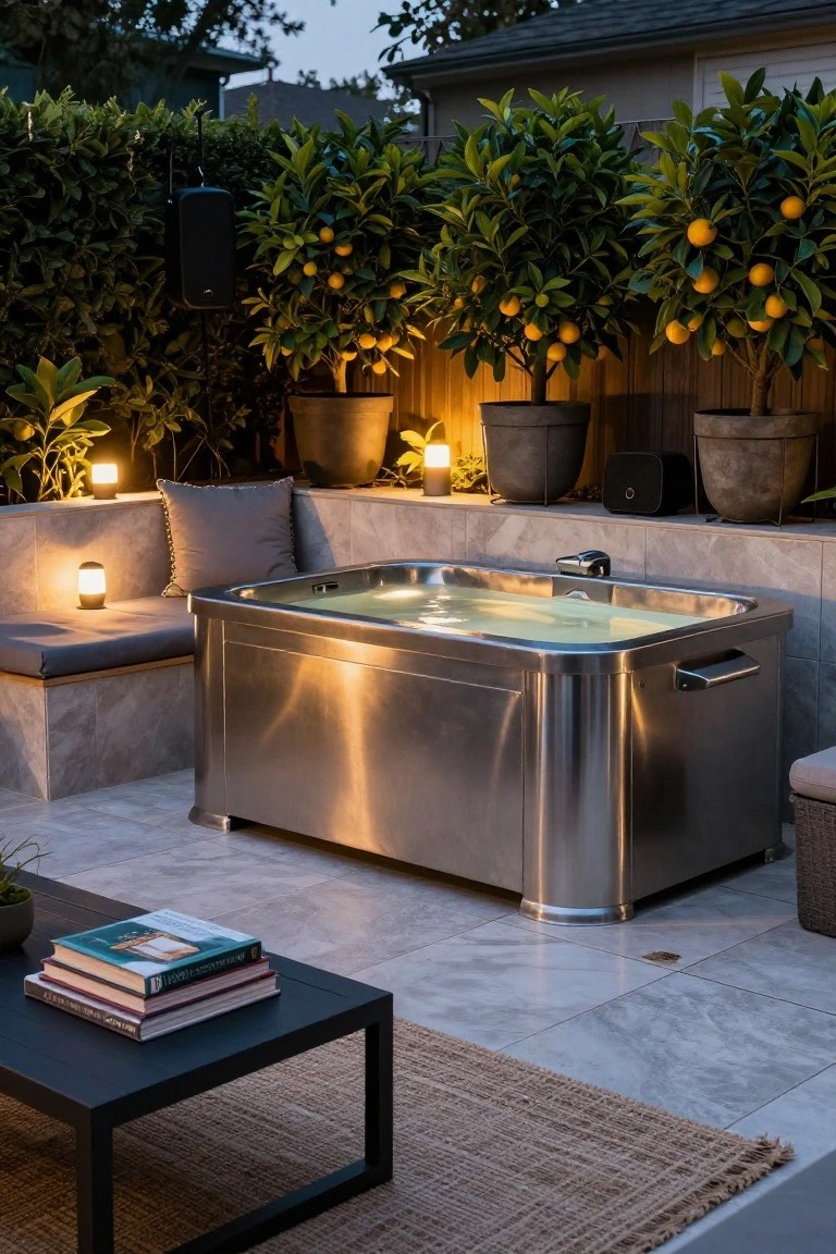 Rectangular stainless steel hot tub on a stone patio surrounded by potted citrus trees with oranges, hedges, lanterns, cushions, speakers, and a low table at dusk.