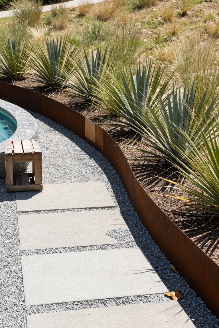 Curved turquoise pool adjacent to a gravel path with rectangular concrete pavers, bordered by curved corten steel raised planters filled with yucca plants and grasses, and a wooden crate stool nearby.