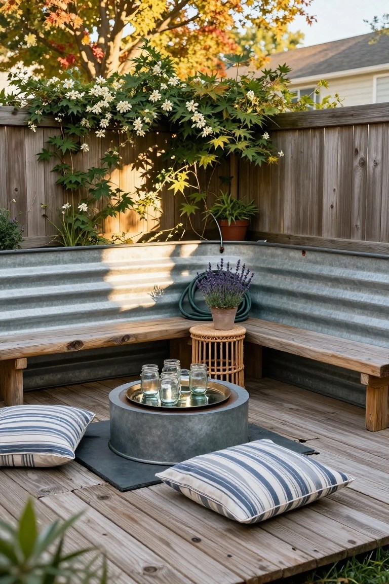 Corrugated metal stock tank benches with wooden seats arranged in an L-shape around a central metal table holding glass jars on a wooden deck, surrounded by plants, pillows, a hose, and a wooden fence with vines.