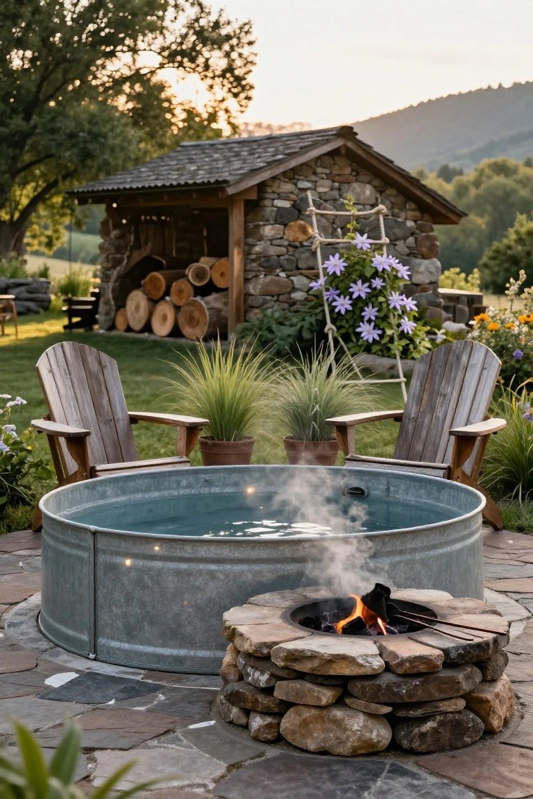 Galvanized stock tank pool filled with steaming water next to wooden Adirondack chairs, a stone fire pit with flames, potted plants, and a wood storage shed on a flagstone patio surrounded by garden landscaping.