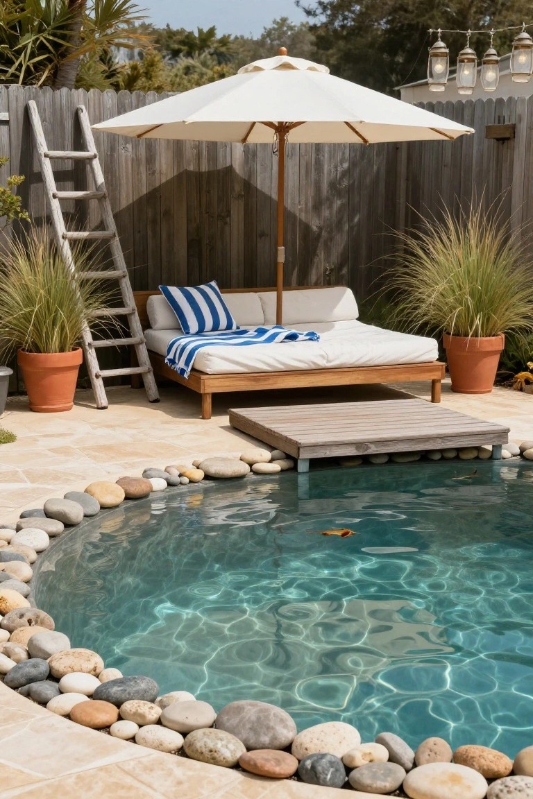 Small round turquoise pool edged with smooth pebbles and rocks on a stone patio, next to a raised wooden daybed with blue striped towels and pillows under a white umbrella, potted plants and wooden ladder against a fence.