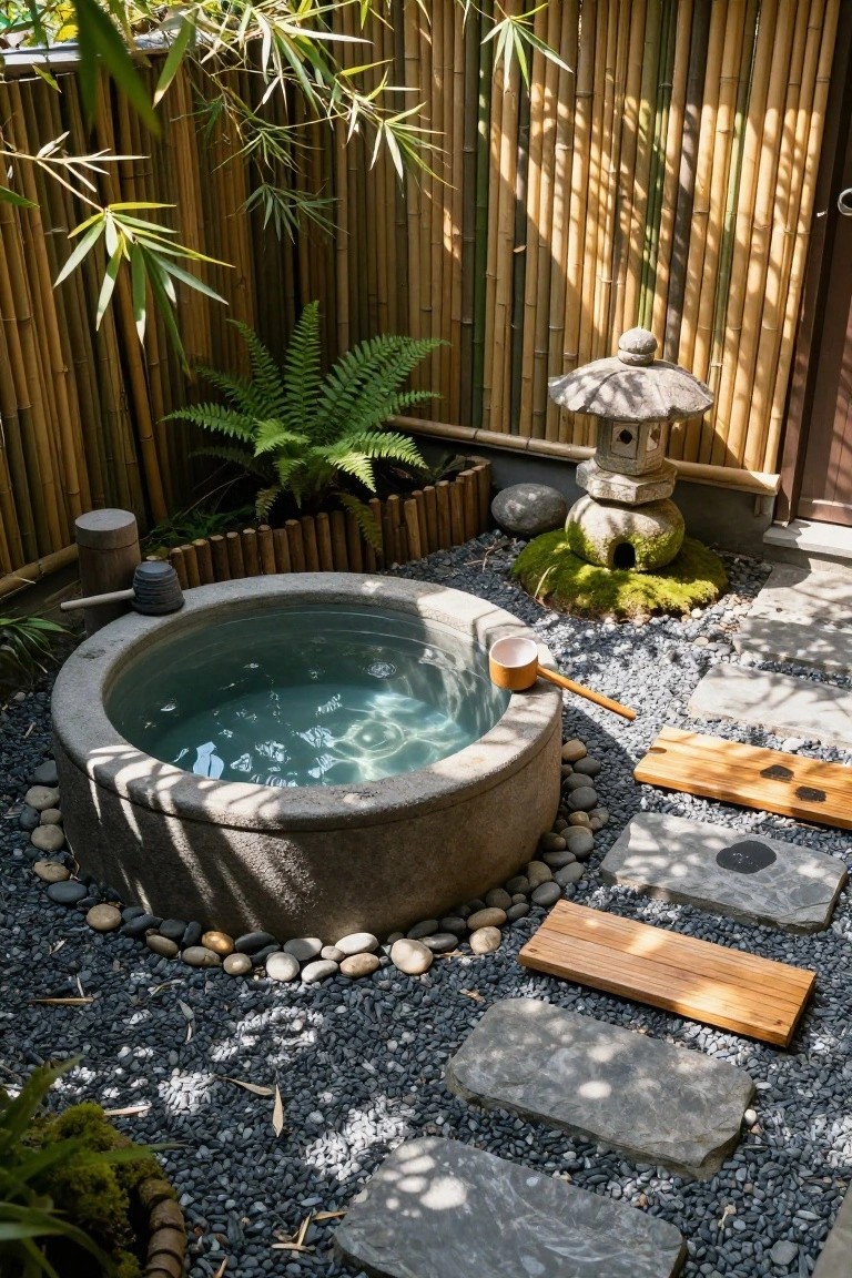 Round gray stone soaking tub filled with water in an outdoor gravel garden surrounded by bamboo fencing, ferns, mossy rocks, and a stone lantern.
