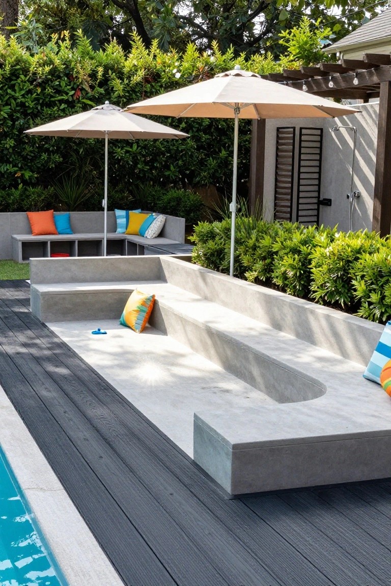 Gray concrete built-in benches with colorful cushions line a dark wood pool deck next to a turquoise pool, flanked by beige umbrellas, green plants, and hedges.