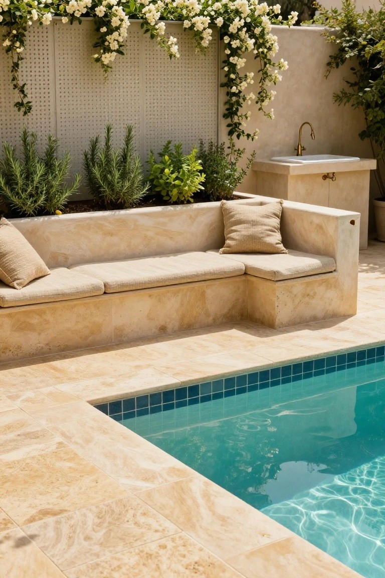 Beige travertine L-shaped bench with tan cushions positioned next to a turquoise-tiled pool edge, with an adjacent outdoor sink, potted rosemary plants, and white flowering vines climbing a trellis wall.