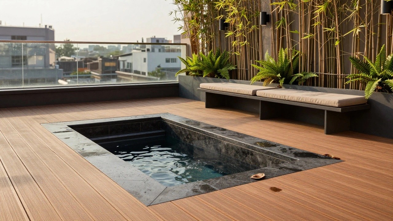 Rooftop infinity-edge pool with light wood decking, dark stone coping, lounge chairs, concrete bench with plant, bamboo screens, and city buildings in background.