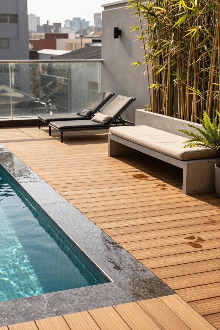Rooftop infinity-edge pool with light wood decking, dark stone coping, lounge chairs, concrete bench with plant, bamboo screens, and city buildings in background.