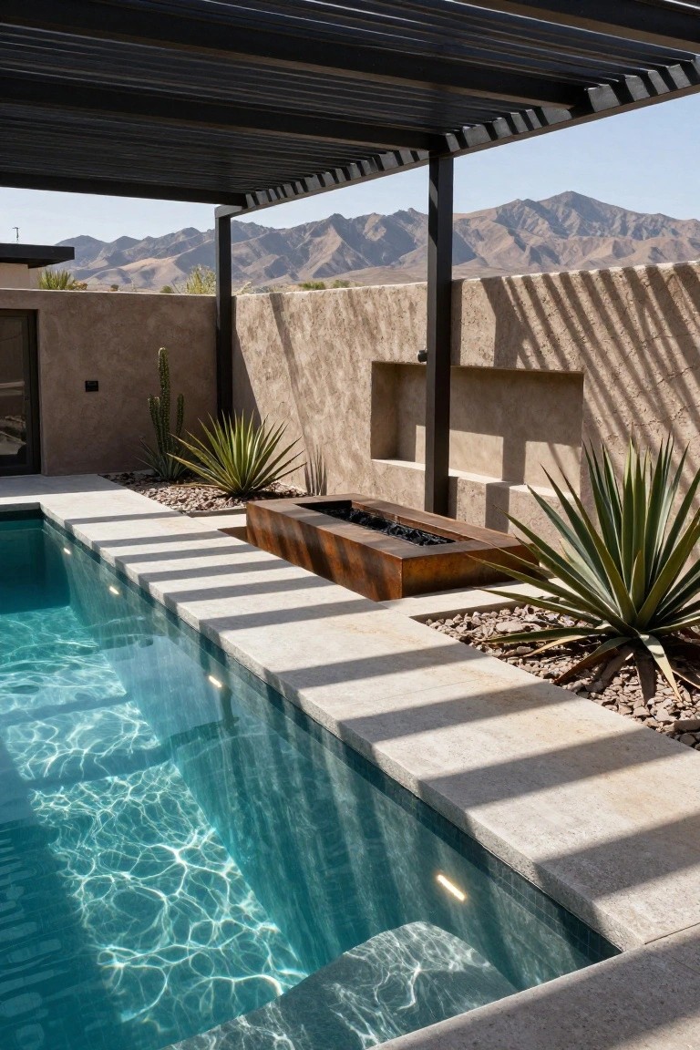 Long rectangular corten steel fire pit positioned along the edge of a turquoise infinity pool on a light travertine deck, with agave plants, gravel accents, beige stucco walls, black metal pergola overhead, and distant mountains under a clear sky.