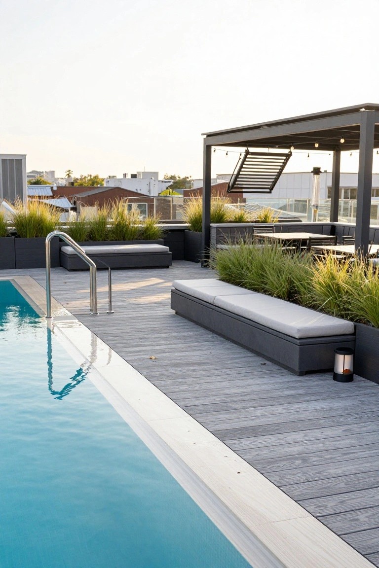 Rooftop infinity-edge pool with turquoise water, stainless steel ladder and handrails, long gray benches with white cushions along the wooden deck edge, tall ornamental grasses in black planters, and a pergola structure in the background.
