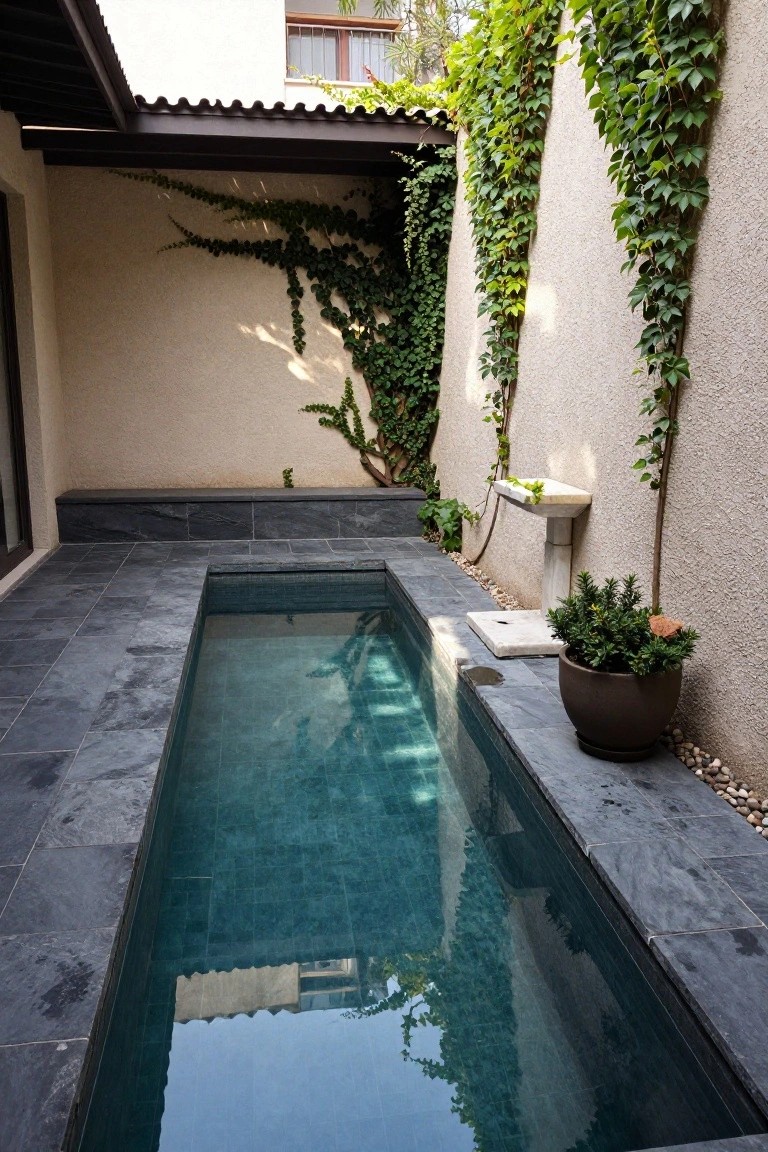 Narrow rectangular plunge pool with dark slate tile decking in a courtyard enclosed by ivy-covered walls, featuring a stone bench, pedestal fountain, and potted plants.