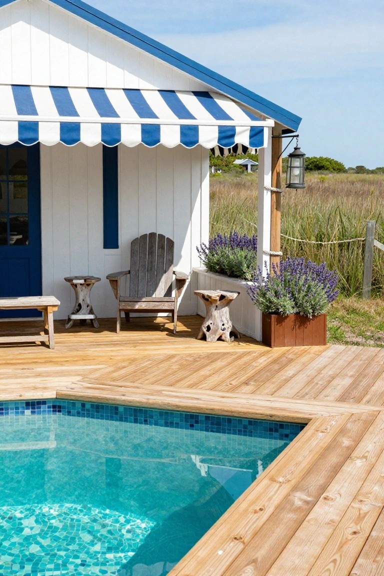 Small white cabana with blue door, trim, and striped awning on wooden deck next to blue mosaic-tiled pool, with Adirondack chair, stools, and lavender planters.