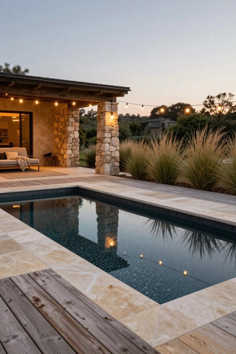 Rectangular pool with dark bottom and edge lights at dusk, surrounded by light travertine tiles and adjacent weathered gray wood decking, next to a covered patio with stone pillars, pampas grass, and string lights overhead.